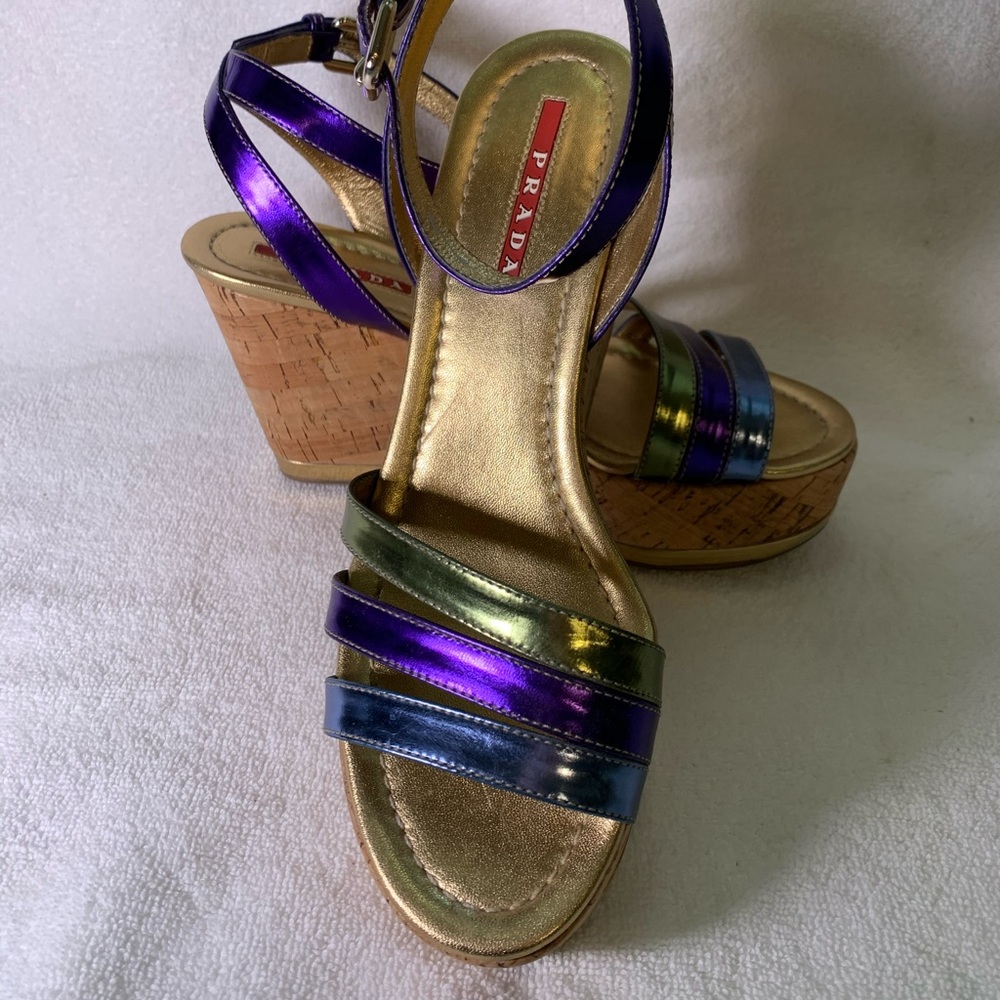Authentic Prada blue purple & green ankle strap wedges